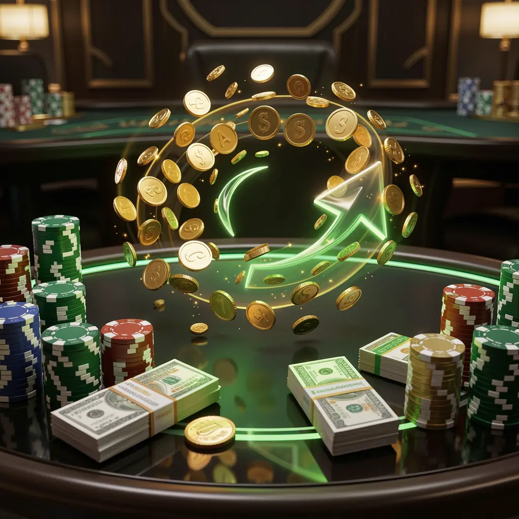 G880 casino cashback bonus visual showing golden coins returning in a circular arrow motion with poker chips and cash bundles on a glossy dark table, featuring glowing green and gold accents in a premium online casino style with cinematic lighting