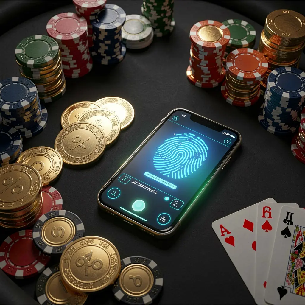 G880 online casino authentication concept showing a phone with fingerprint scan glow on a premium black table surrounded by poker chips, golden coins, and playing cards in a cinematic 3D render
